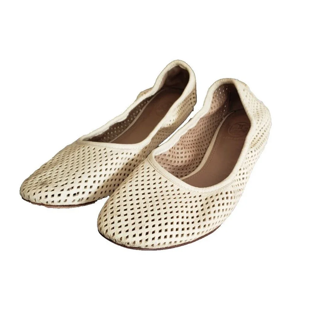 Tory Burch Whitaker Ballet Flats Women 8.5M Perforated Leather Ivory 21168785